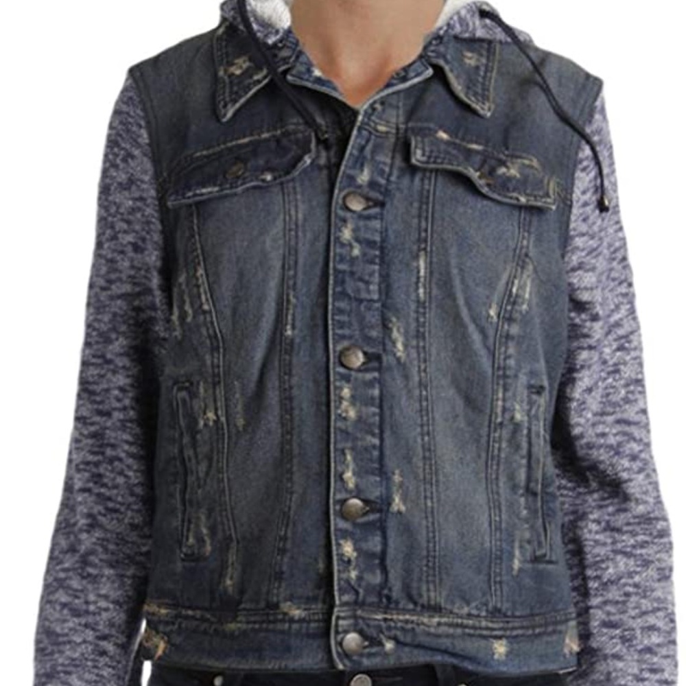 NWT Free People Knit Sleeve Jean Jacket Distressed Denim Blues